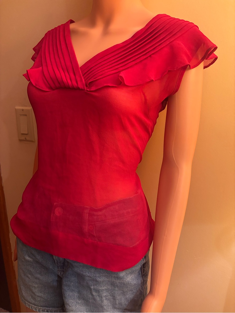 Banana Republic Red Pleated V-Neck Ruffle Cap-Sleeve Top